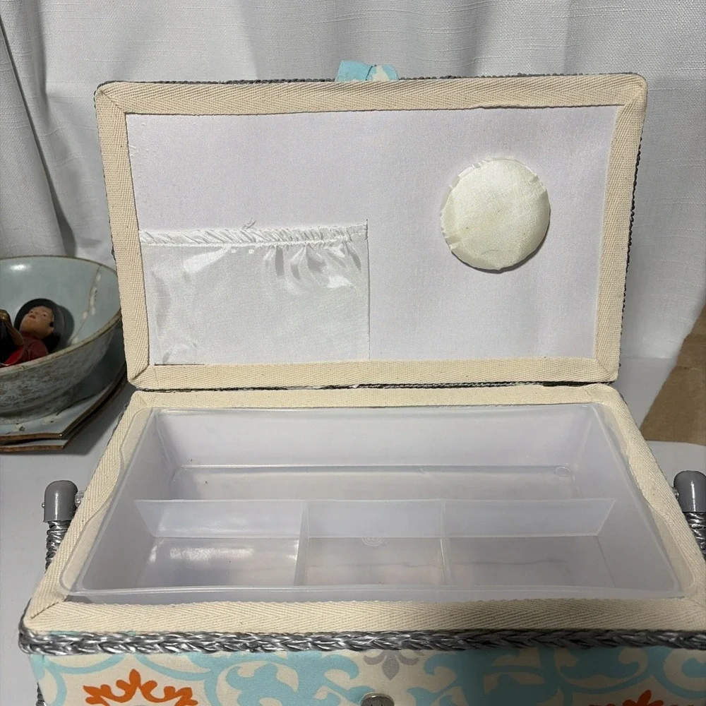 Unbranded Fabric Covered Sewing Box Blue Orange Damask Organizer with Tray